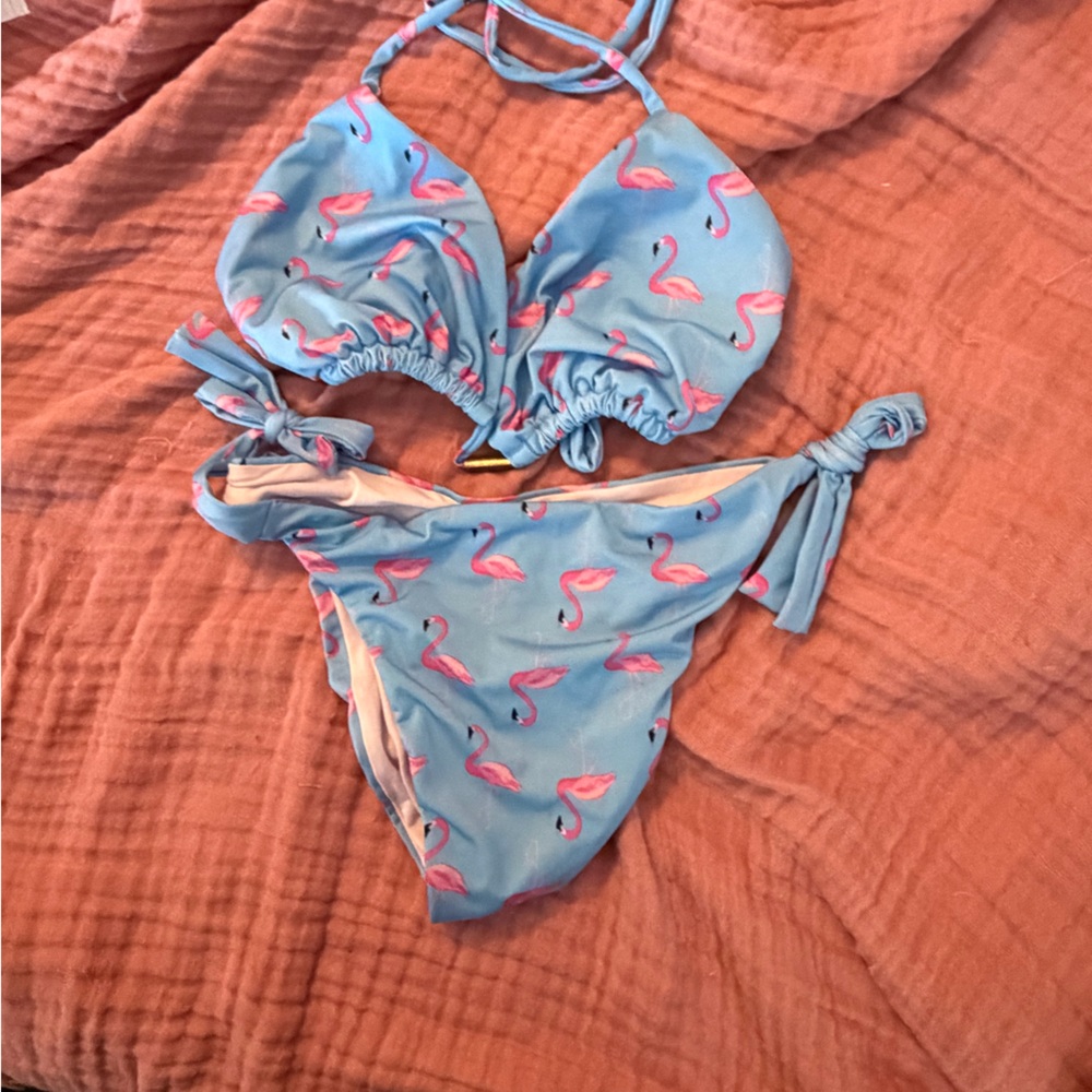 Light Blue Flamingo Print Bikini Set